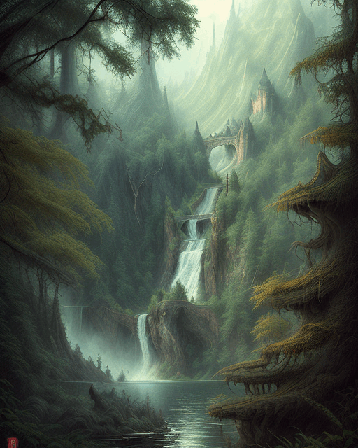 Forest lake waterfalls