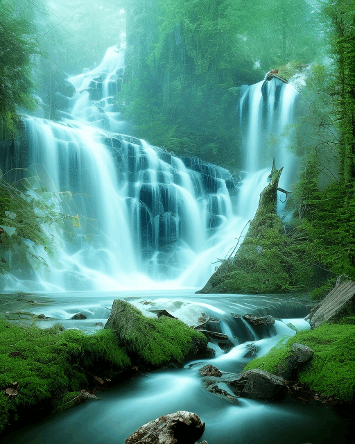 Valley Mist with River and Waterfall art illustration