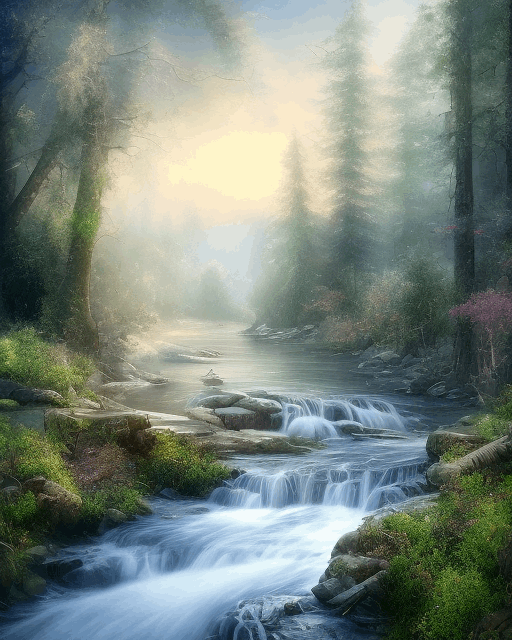 Valley Mist with River and Waterfall art illustration