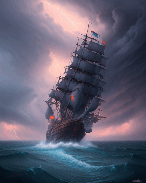 Ship on the Ocean with Lightning Artwork | Maritime Lightning Storm Décor