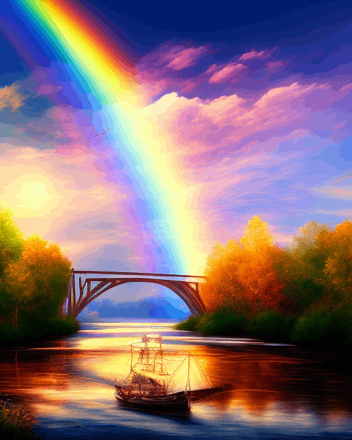 Bridge with rainbow above rive