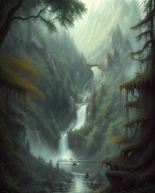 Forest lake and waterfalls art