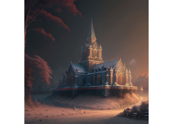 Church in the valley and red moonlight night