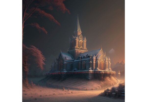 Church in the valley and red moonlight night