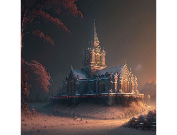 Church in the valley and red moonlight night