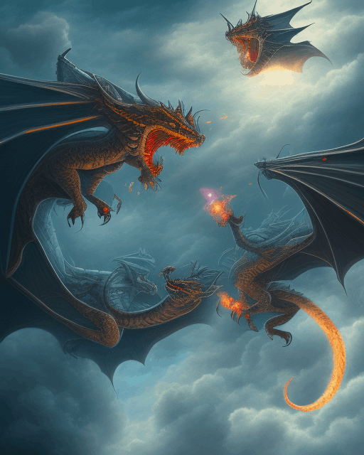 Dragons fighting in the air above the ship