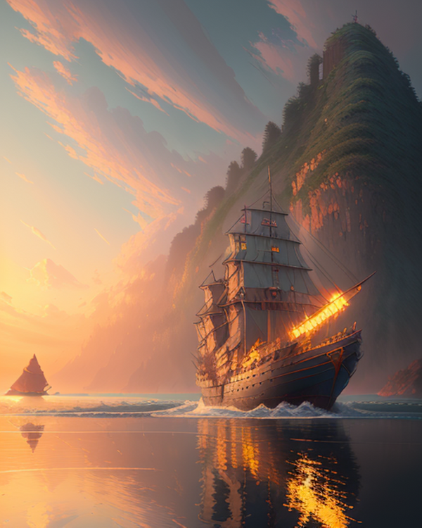 Ship on the ocean at sunset