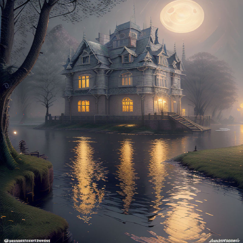 Canal house at night moonlight