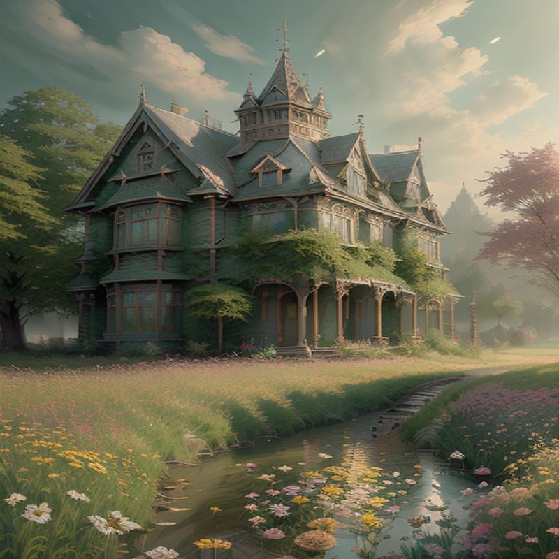 House and the field of flowers