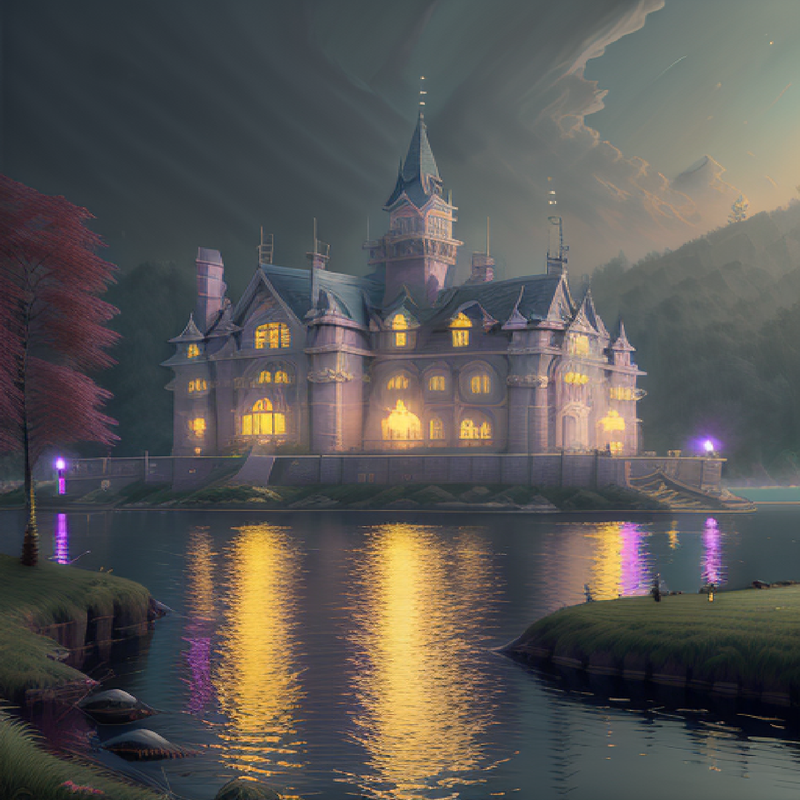 Lake mansion and purple moonlight night