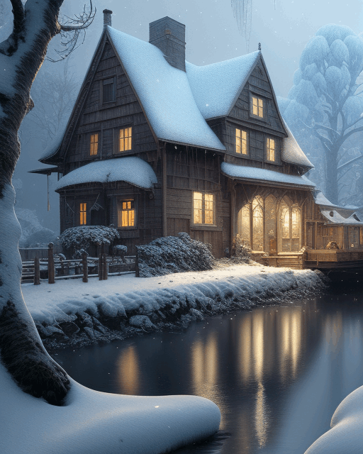 Snowy canal house painting